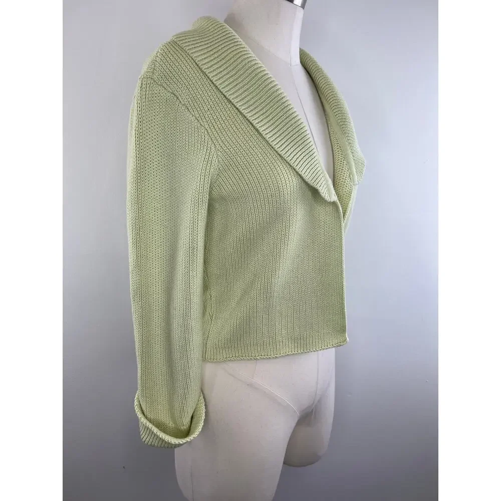 White + Warren Light Green Cotton Chunky Knit Open Cardigan Sweater Medium M